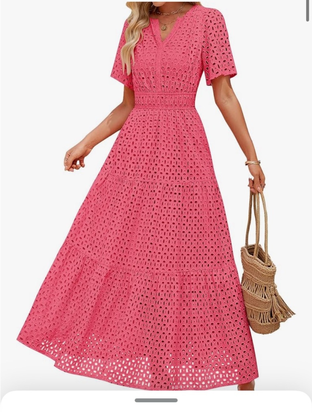 Pink Eyelet Maxi Dress with V-Neck